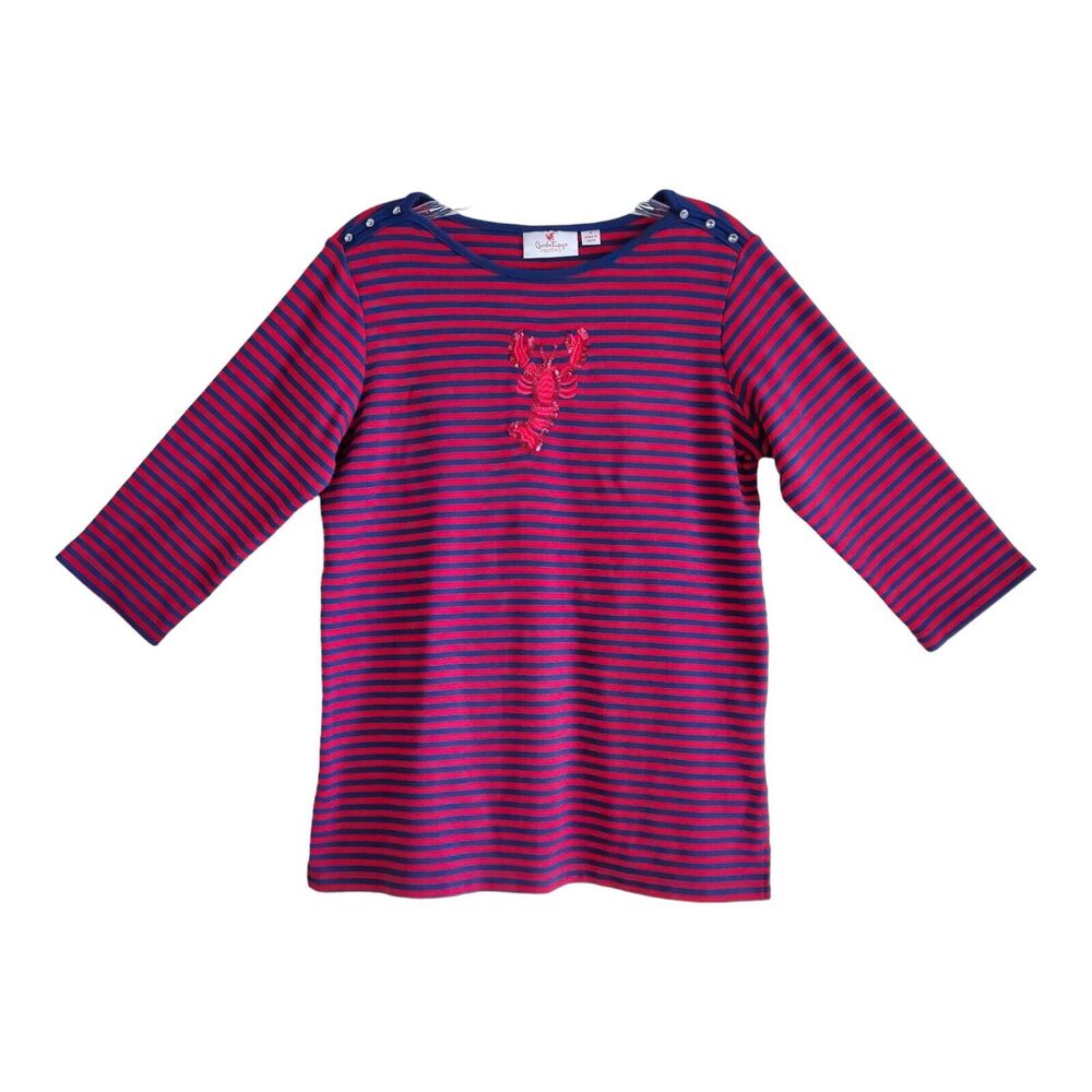QUACKER FACTORY Women S Top Sequin Lobster Red Blue Striped 3/4 Sleeve Bust 36"